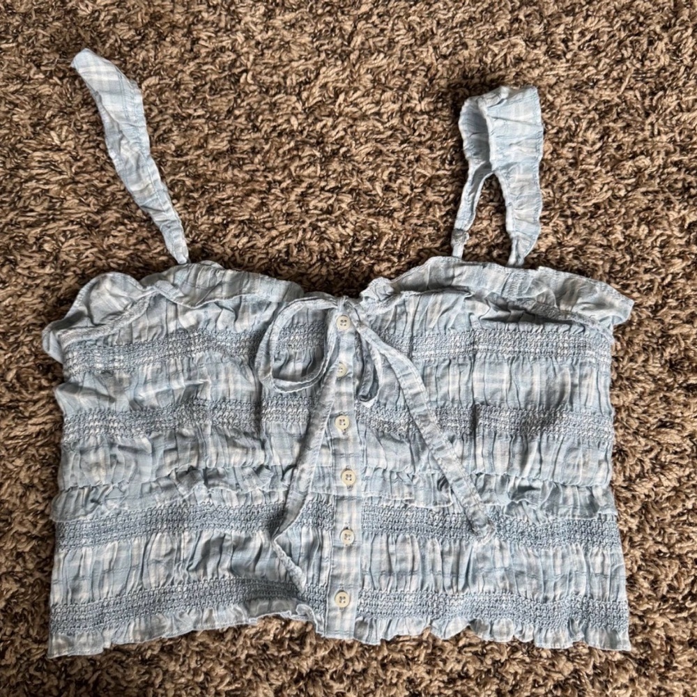 American Eagle Light Blue Ruffled Smocked Crop Top